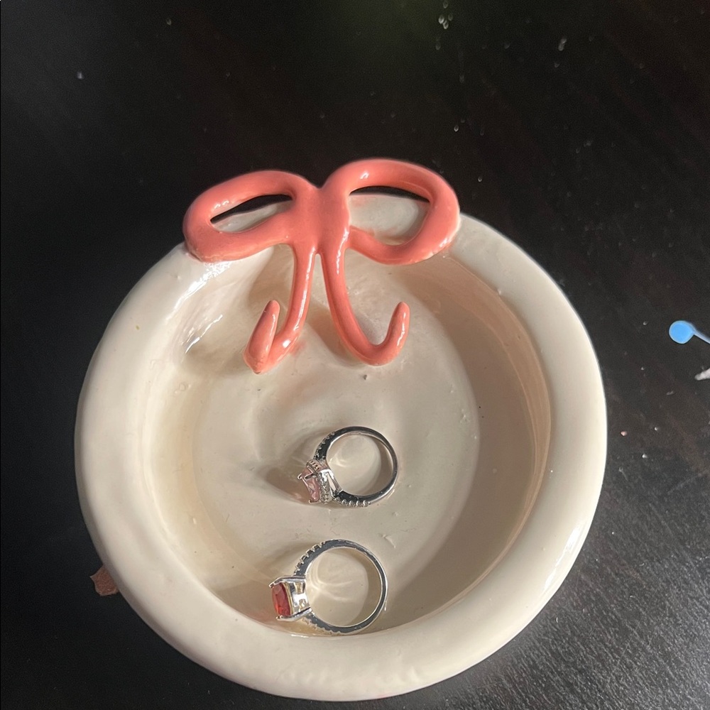 Ceramic Ring Dish with Coral Bow Accent